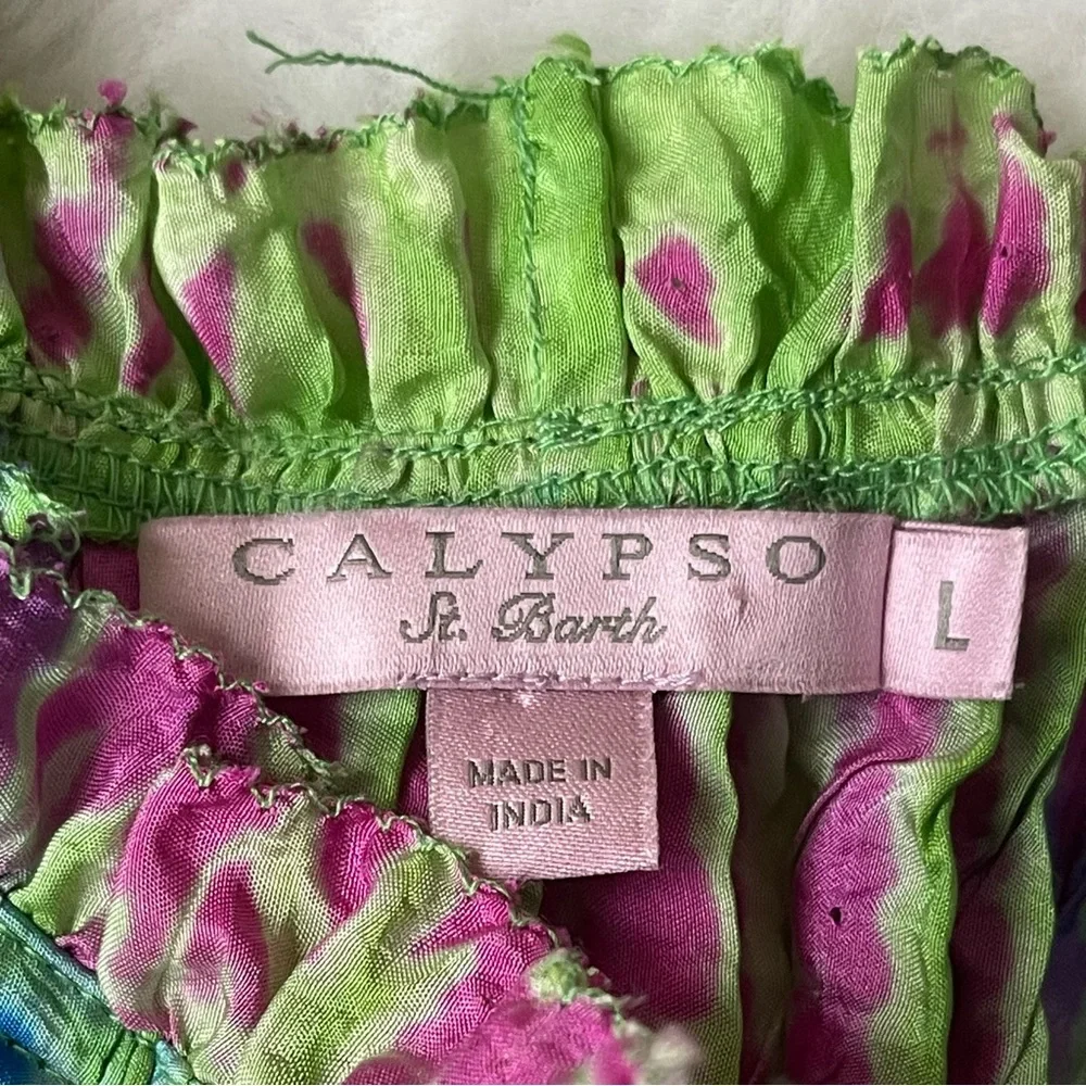 CALYPSO ST BARTH  100% Silk Pleated Maxi Dress Tie Dye Boho Blue Pink Green L - Picture 10 of 15
